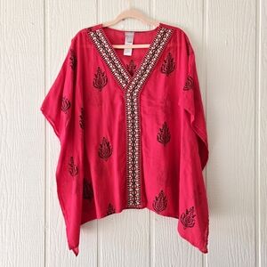 CHICO'S Embroidered V Neck Kaftan Tunic Boho Western Festival Gypsy Red S/M
